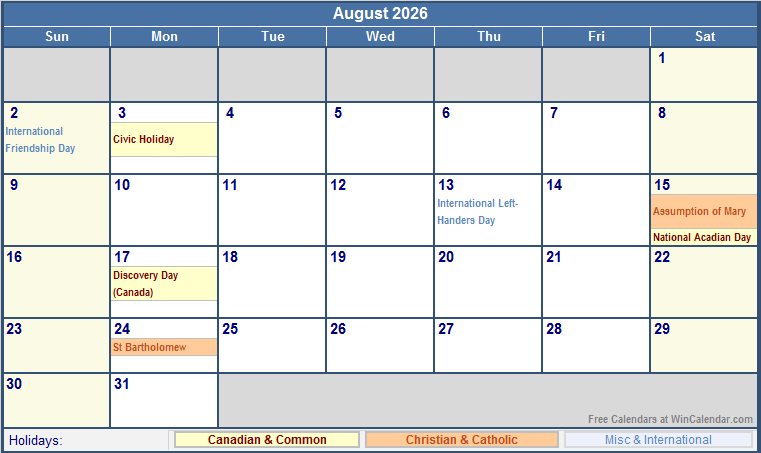 August 2026 Calendar With Holidays Canada