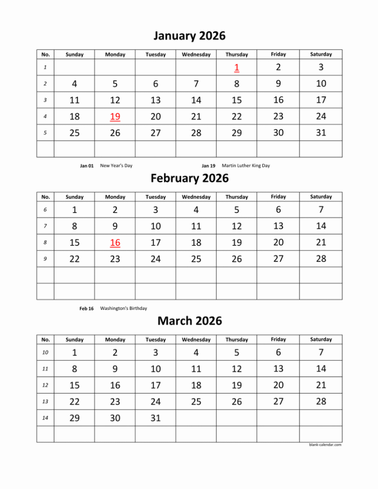 Free Printable 3 Month Calendar 2026