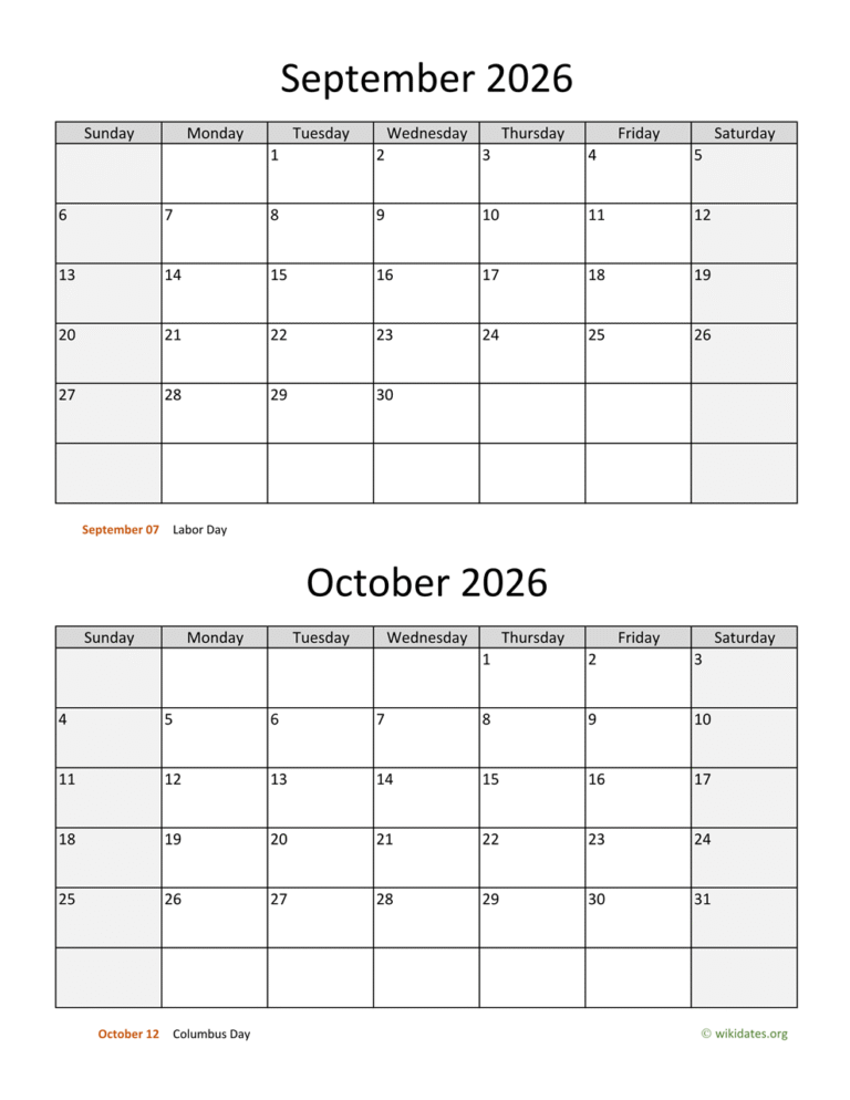 Sept And Oct 2026 Calendar